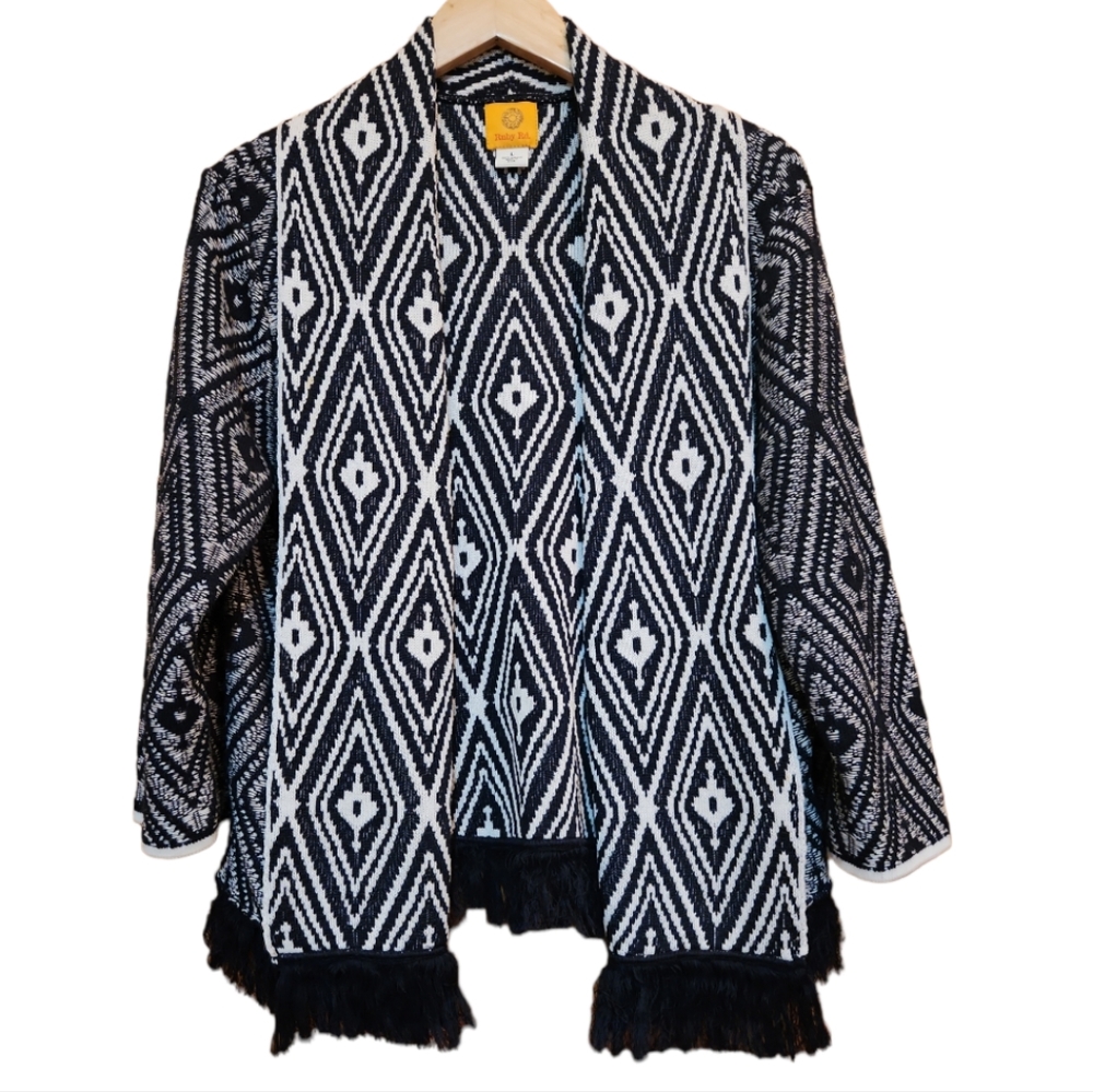 RUBY ROAD L BLUE & WHITE GEOMETRICAL SHAW W/FRINGE HEMLINE